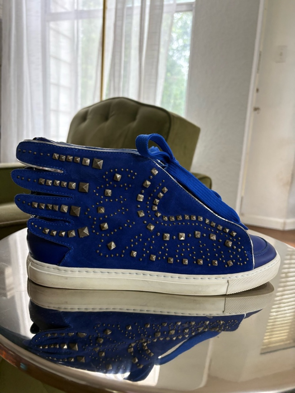 Roberto Cavalli Blue Suede And Leather Studded Mid Top Sneaker Size 41